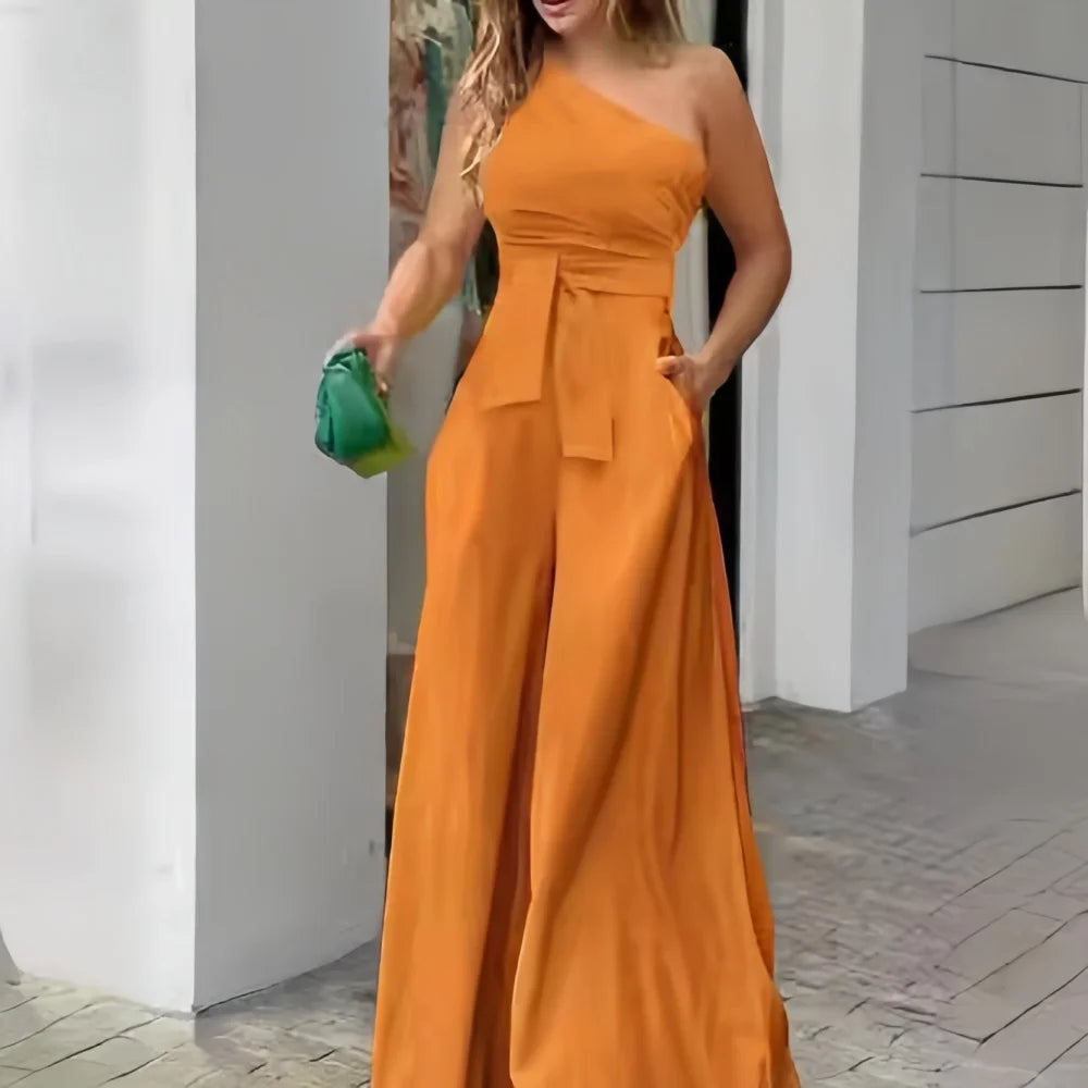 Off-The-Shoulder Casual High Waisted Extremely Wide Leg Casual or Dressy Jumpsuit Comes in 4 Colors