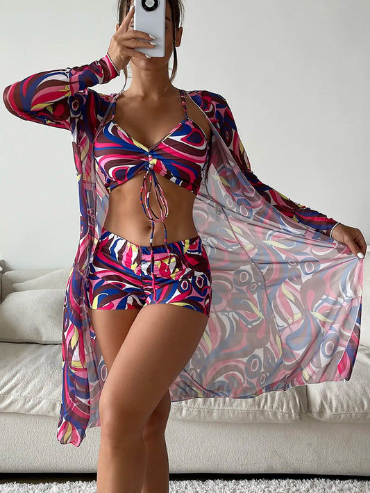 Print Bikini High Waisted with Boy Shorts Swimsuit and Cover Up