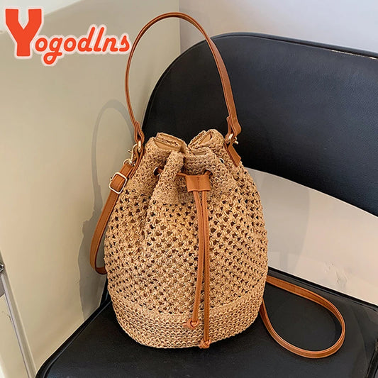 Braided Straw Bucket Bag, Drawstring Shoulder Crossbody Bag,