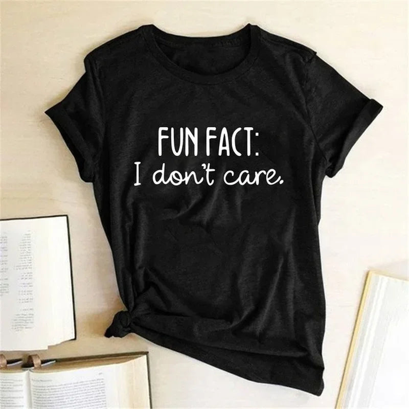 FUN FACT I DON'T CARE T Shirt Short Sleeve Round Neck Loose Casual Various colors