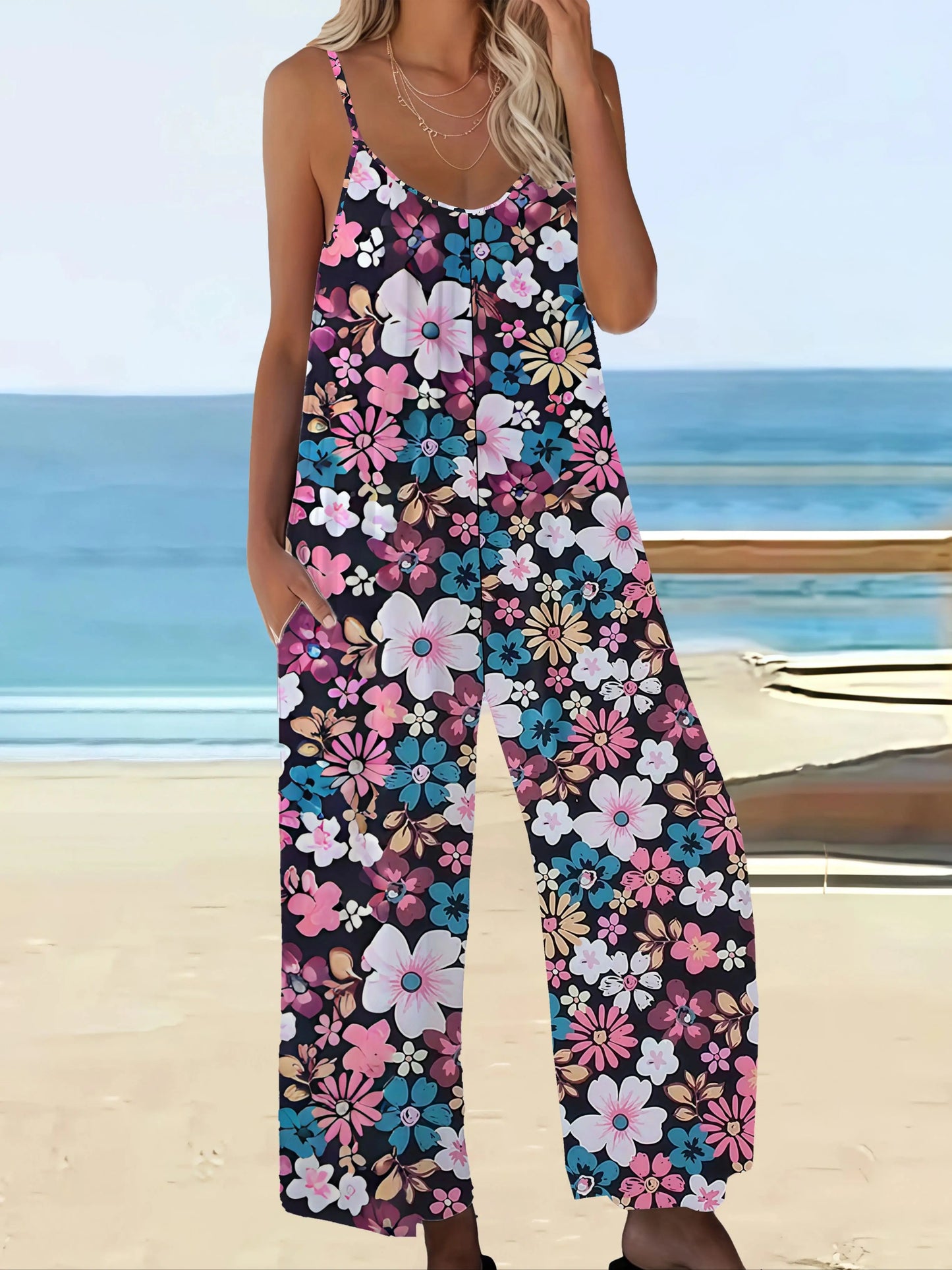 Sizes to 5XL Chic Bohemian Printed Pocketed Jumpsuit with Spaghetti Straps