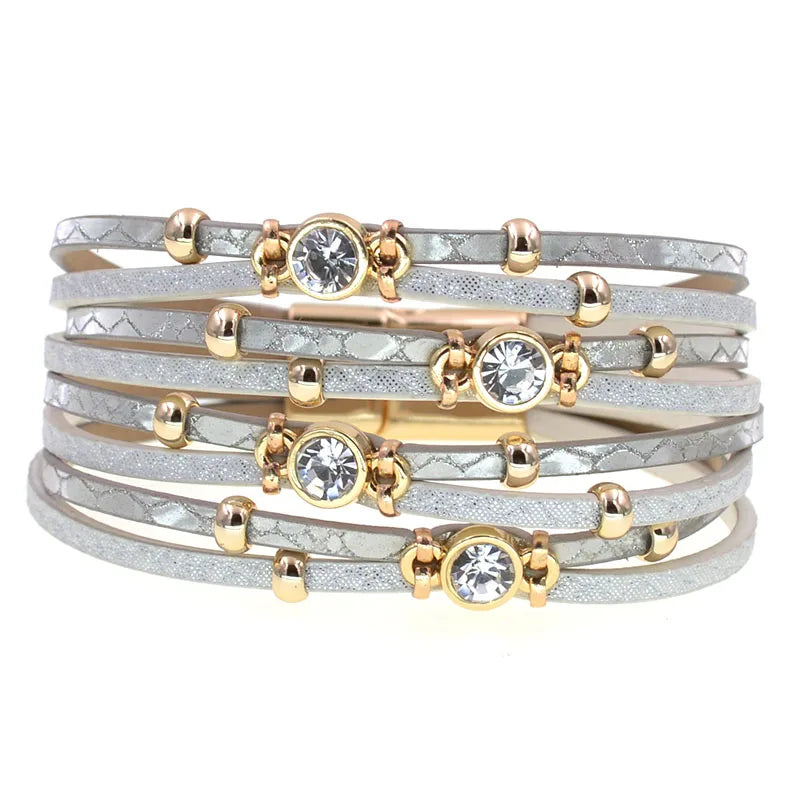 4 colors Bohemian leather bracelets Metal bead charm bracelet with magnet back closure