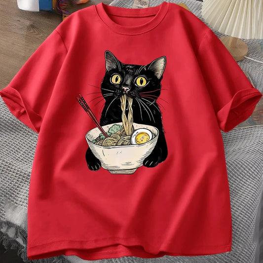 Sizes to 3XL T Shirts Black Cat Ramen Noodle T-Shirts Retro Casual Short Sleeve
