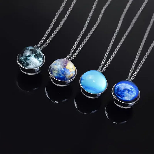 Double-Sided Galaxy Planet Glass Ball Pendant Necklace Sun Earth Moon Mars Galaxy Necklaces