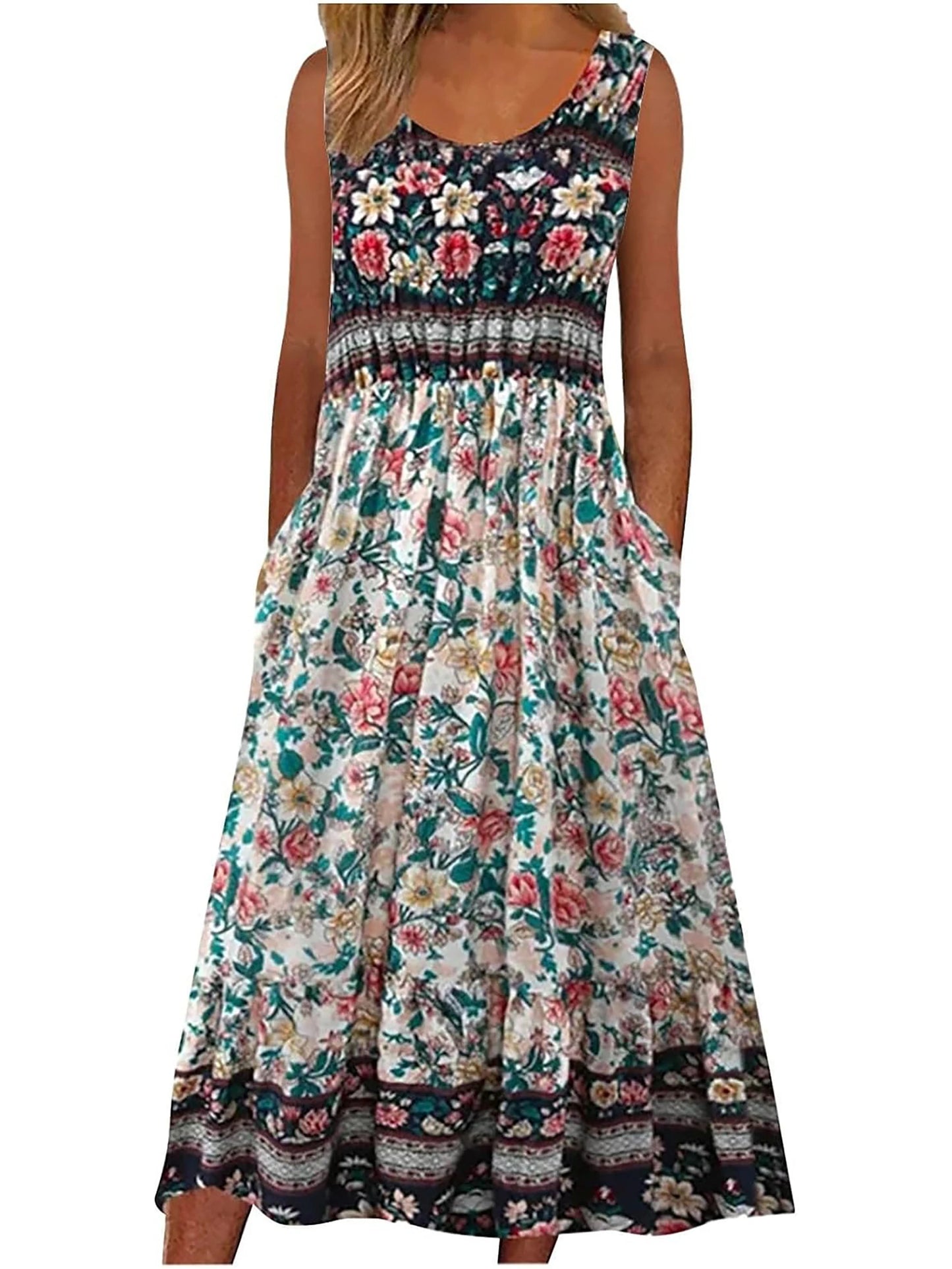 Sleeveless Boho floral casual Midi length sundress with pockets and flowing loose Skirt. 7 Different patterns Up to 2XL
