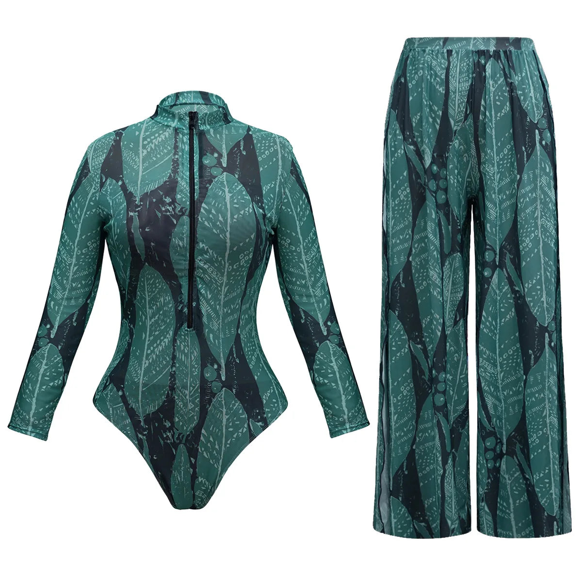 One-Piece Swimsuit Sun Protection Long Sleeves Beachwear With Pants
