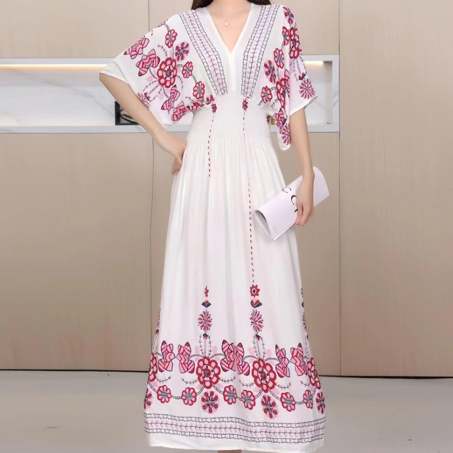 Bohemian Dress, Striped Colorful Flower Print, V-Neck, Elastic Waist, Large Swing Skirt, Batwing Sleeves