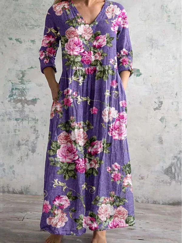 Sizes to 5XL Hot Sale Printed, V-neck, Long Sleeve dress with Pockets