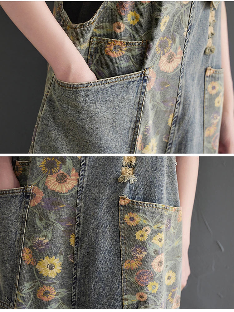 Sizes to 2XL Casual Print Floral Denim Jumpsuits Loose Wide Leg Button-Up Straps Baggy Pants Loose Elastic at Ankles