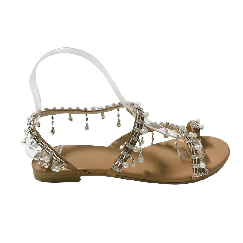 Ladies' Decorative Pearl Sandals with Ankle Straps and Open Toes. Casual or Dressy and Lightweight