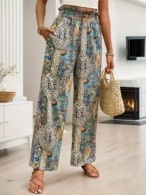 Sizes to 6XL, Paisley Boho prints in 3 colors, Casual Loose Pants with Pockets