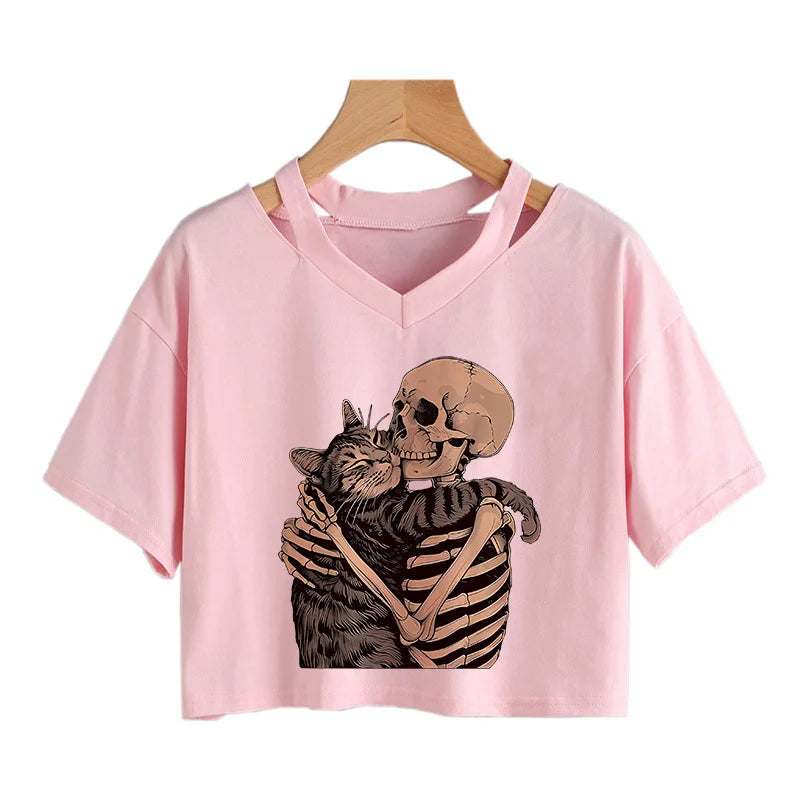 Halloween Skeleton and Cat Print Cropped T-Shirt, Comfortable Short Sleeve Gothic Vintage