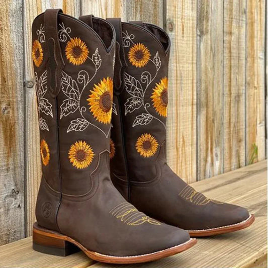 Embroidered Light, Medium, and Dark Brown Faux Leather Boots Deep High Female Casual Boots