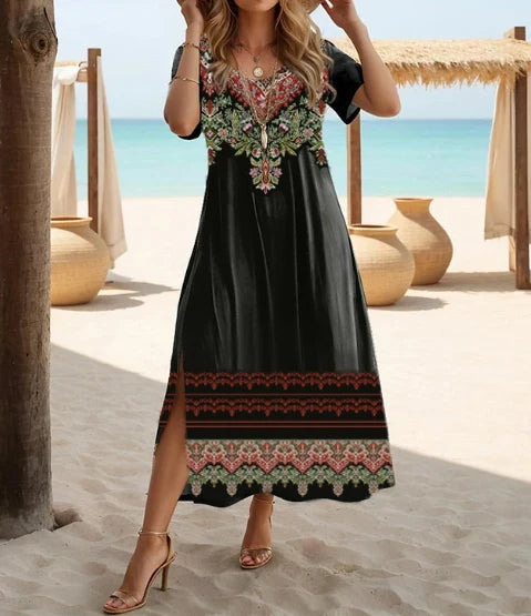 Sizes to 5XL, Ethnic Bohemian floral print casual short-sleeved loose fit midi dress