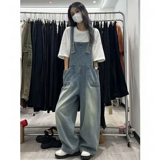 Retro Light Wash Denim Overalls for Loose High Waist Baggy Leg Jumpsuit with Big Pockets