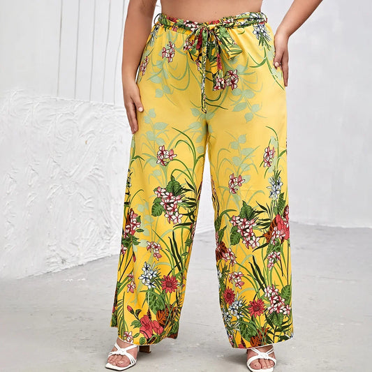 Sizes to 8XL!!!! Boho Floral Print Summer Elegant Wide Leg Pants Elastic Waist with Sashes Casual Yellow