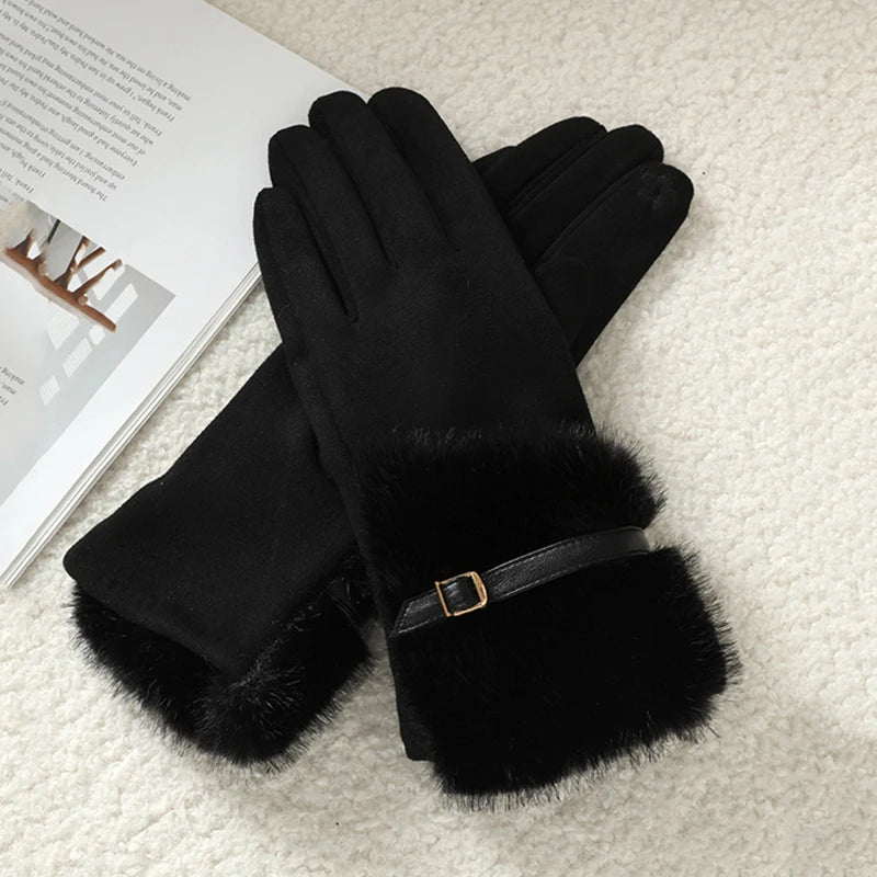 Warm Gloves Fleece Lined Windproof Cold-Resistant Touchscreen Compatible with Plush Decoration