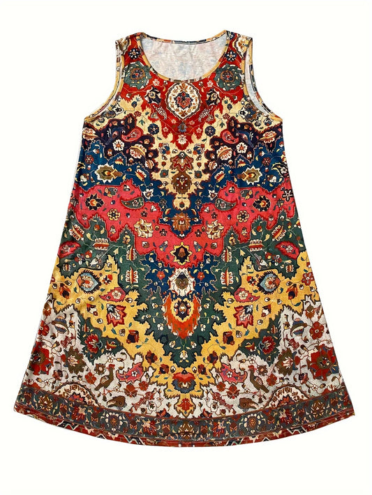 Bohemian Sleeveless Round, A Line Neck, Knee Length, Floral Midi Dress
