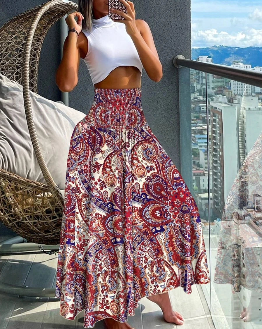 8 Designs of Long Paisley Print Flowy Boho Skirt With Tall Elastic Waist