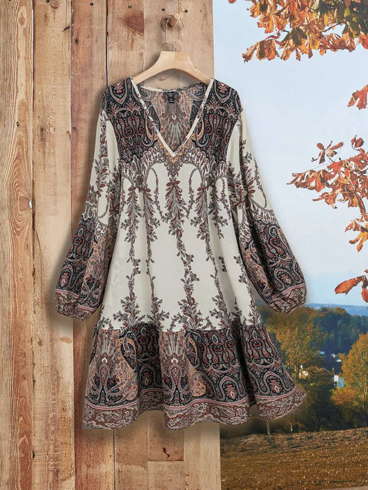 Plus sizes to 5XL Boho Print V-Neck Long Sleeve A-Line Casual Loose Fit Made as a top or dress