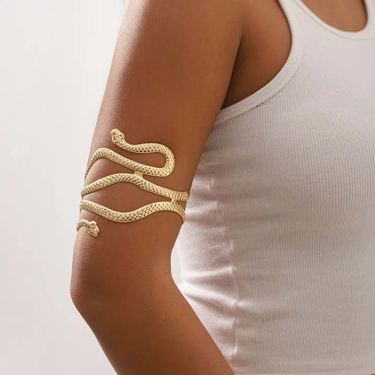 Vintage Metal Snake Shape Arm Chain Bracelets For Women Exaggerated Gold Color Animal Open Adjustable Cuff Bracelet Jewelry