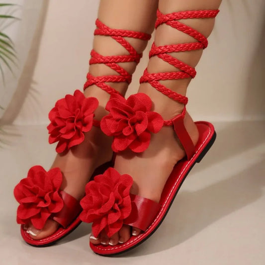 Bohemian Sandals Flat Soled Lace Up Sandals 2 Large Flowers. Comes in Red, Blue, and Brown