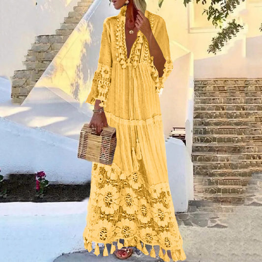 Sizes to 4XL Bohemian V-Neck Tassel Hems, Large Size, Lace flower tier, Casual Dress