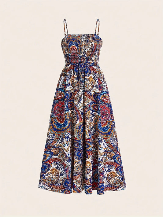 Paisley Print Swept Waist Spaghetti Straps Maxi Dress sizes to 2XL