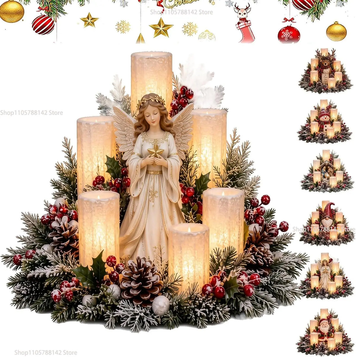 Christmas Lighted Table Centerpiece, Flameless Candle Glow, 8 Designs