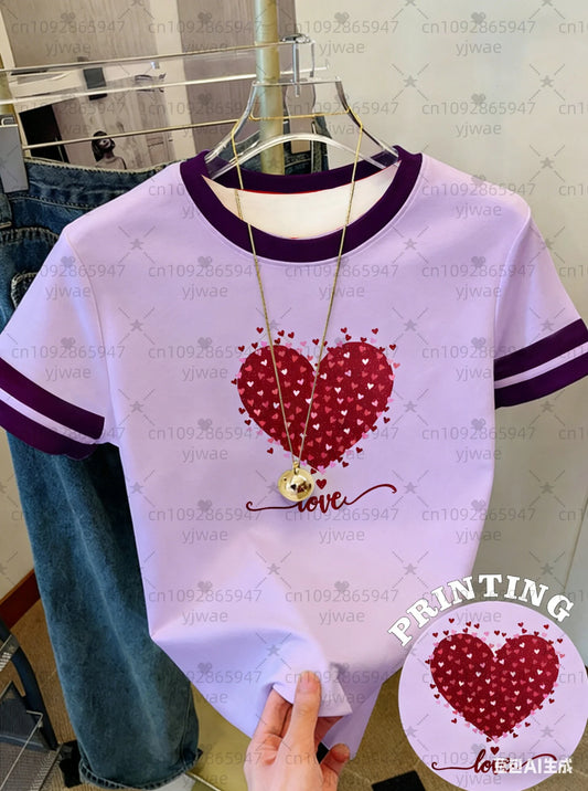 Women's Short Sleeve LOVE Red Heart Print T-Shirt on 5 Colors