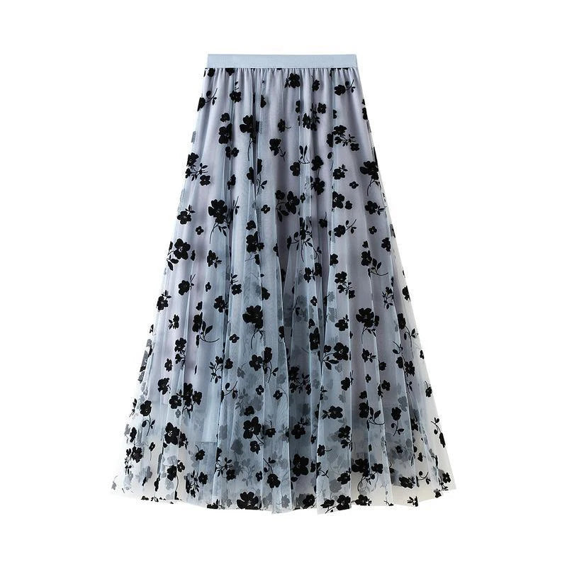 Floral Tulle High-Waisted Gathered Skirts, Elastic Waist, Polyester under Tulle