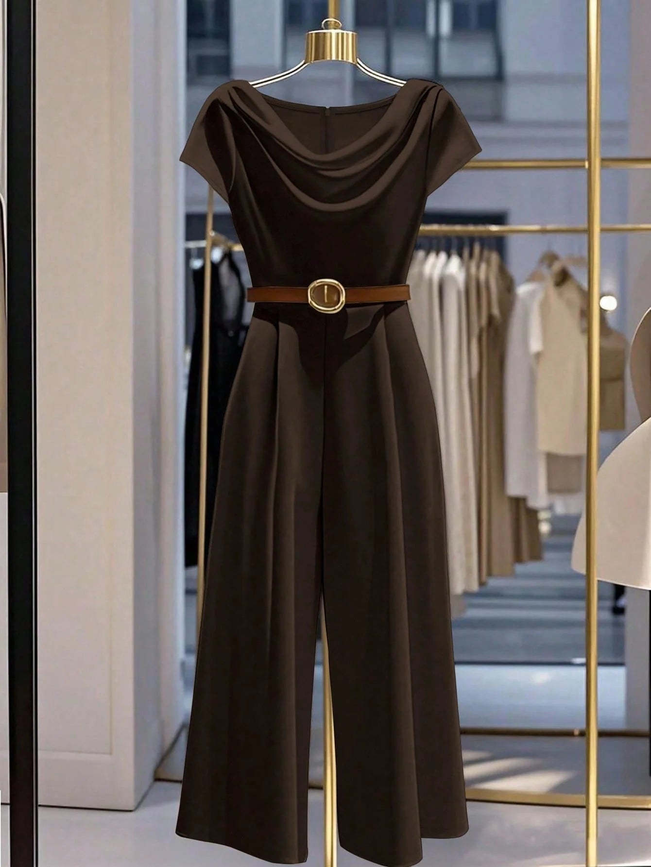 European American style satin jumpsuit with pile collar, wide legs, and belted