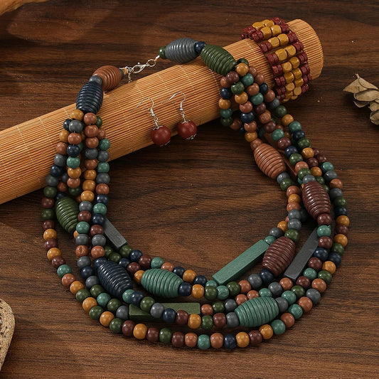 Multi-layered Boho Beaded Necklace Handmade Wooden Beads Necklace Earrings Bracelet Jewelry Set