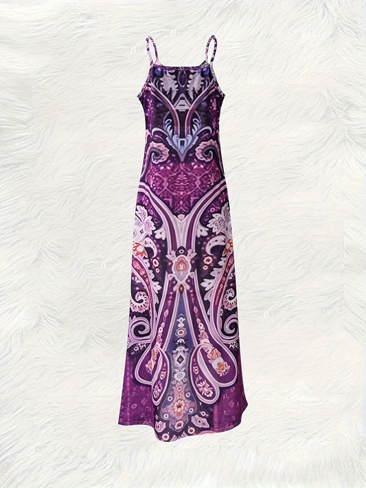 Printed Purple Pink Blue Paisley Spaghetti Strap Maxi Dress sizes to 2XL