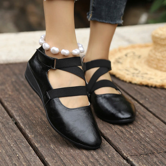 Mary Jane Flats with 1 Pearl Ankle Strap, Retro French Style Cross Elastic Band Shoes