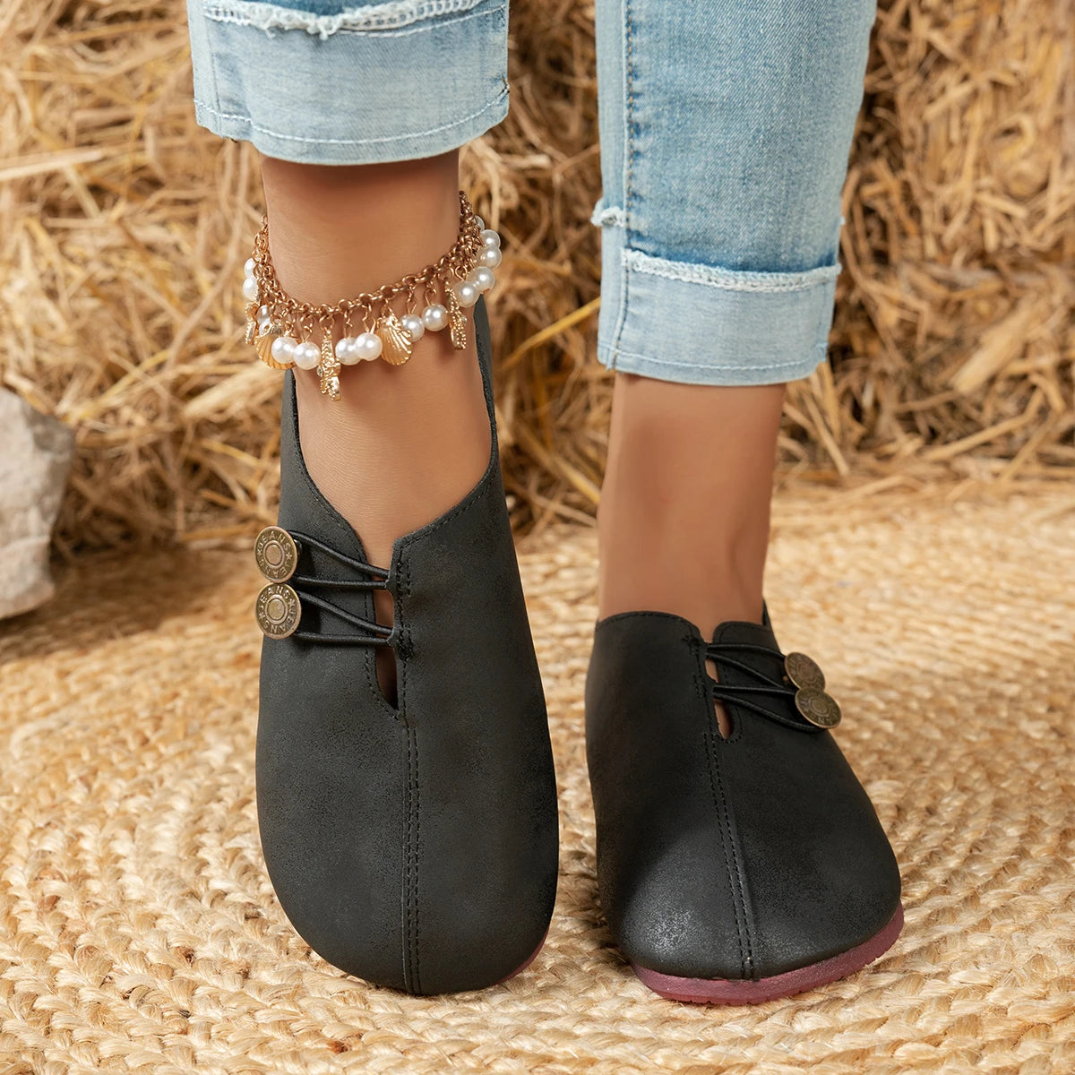 Vintage Button Flat Shoes | Soft Sole Square Toe Slip-on Loafers | Comfy Casual Walking Shoes