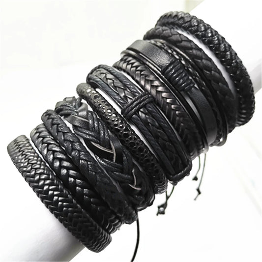 10 Pcs/set Black Wrapped and Woven Handmade Bracelets Male or Women Leather Bracelets