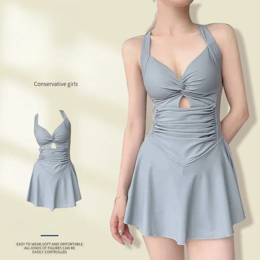 One piece swimsuit with attached skirt Waist Tightening for slimming