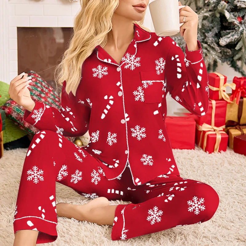 Christmas Long Sleeved Long Pants Snowflake Print Pajamas in Red, Green, White