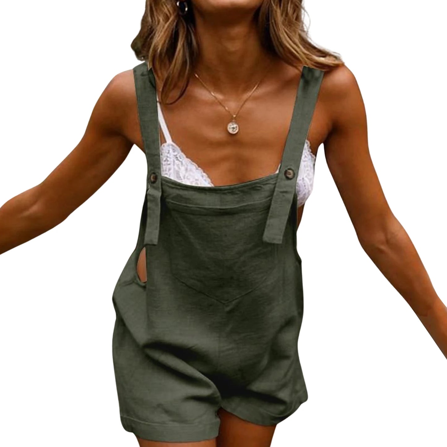 Women's New Sleeveless Square Collar Black White And Military Green Button Fashion Casual Suspender Shorts
