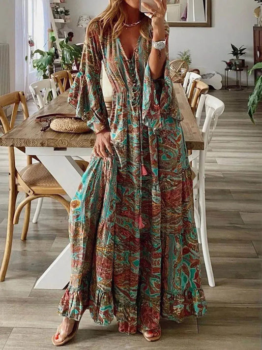 Bohemian Maxi Vintage Floral Print Dress with Plunging V Neck with Bell Sleeves Sizes to 2 XL