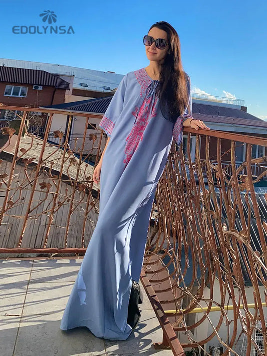 Embroidered 3/4 Sleeve Cotton Kaftan Swimsuit Cover Up Lounging Robe . 14 Designs