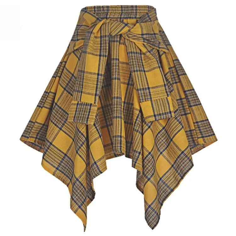 Sporty Street Style with Ruffle and Bow Tie Asymmetrical Hankie Hemline Elastic Waist, Plaid Patterned Skirt--Sizes 58 Centimeter Waist