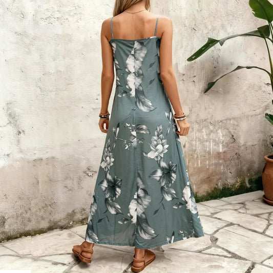 Boho Sizes to 5XL Floral Print, Spaghetti Straps, Loose Maxi Dress with a Flared skirt