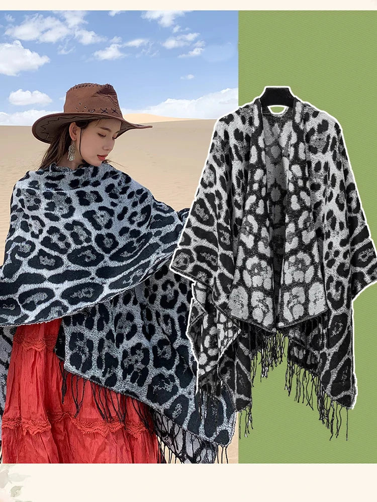 Vintage Boho Leopard Print Soft Over-the-Head Cloaks With Tassels