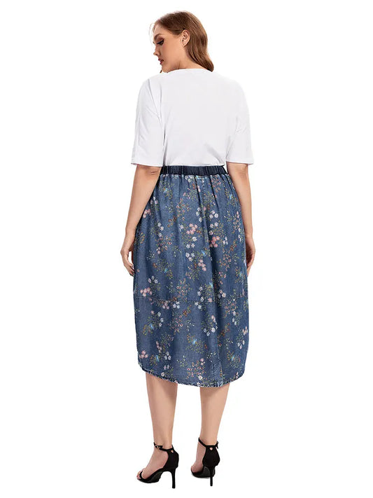 Sizes to 5XL Casual Denim Skirt High Waist ALine Knee Length Blue Vintage Gathered at Waist