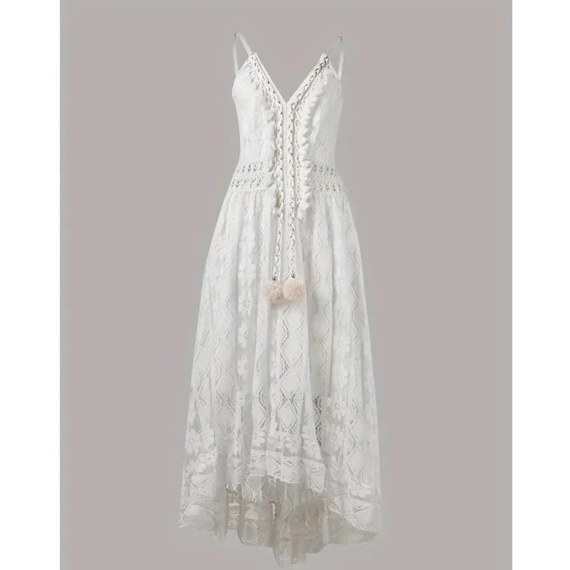 Bohemian Summer Casual V Neck Lace Spaghetti Strap Sundress with High/Low Hem