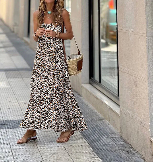 Tie Back Halter top Leopard Print Long A Line Dress Sizes to XL