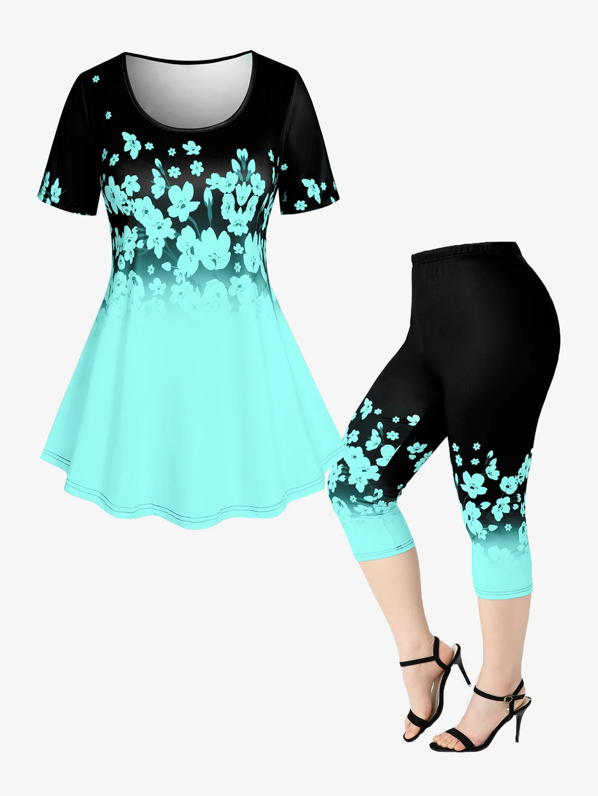 Plus Sizes to 4XL, 3D Printed Outfit, Floral Graphic Top and Matching Capri Leggings