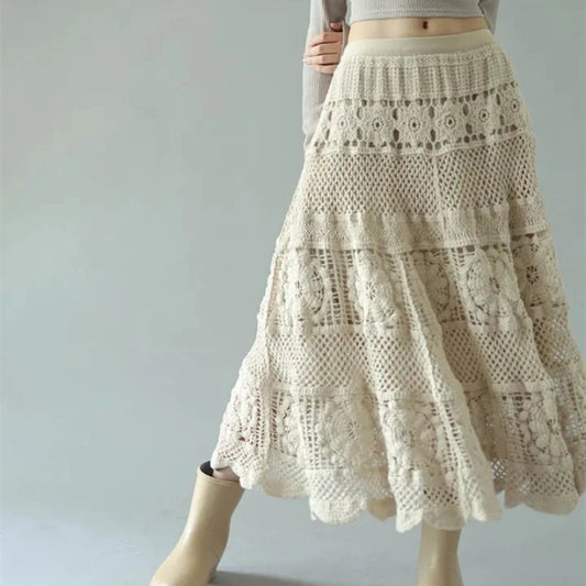 French Chic Retro Boho Crochet Maxi Skirts Women Openwork Hollowed Out Lace Elastic Waist